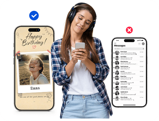 A woman holding her phone between a page made for her and a list of forgettable texts