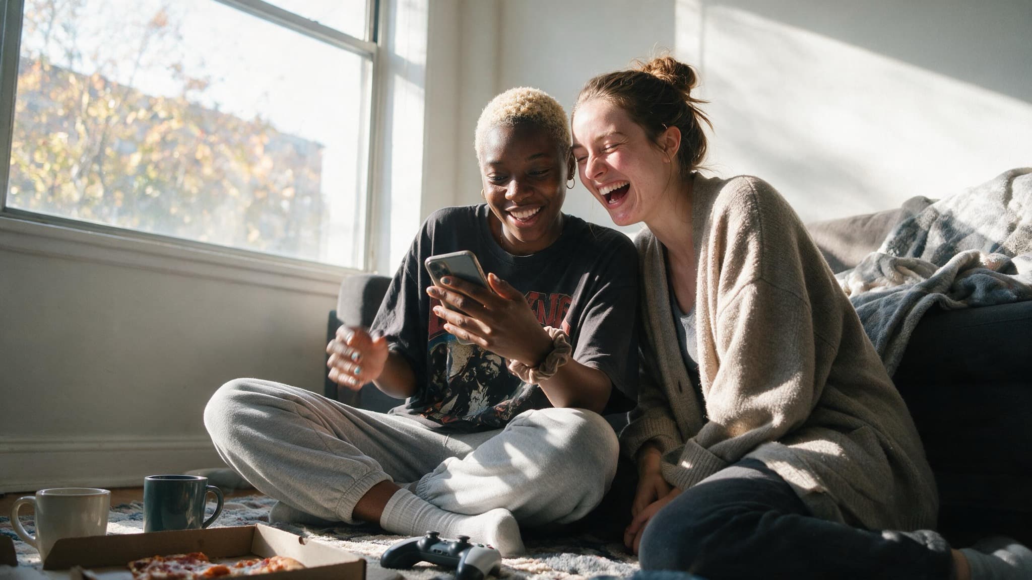 Two friends in their late twenties on an apartment floor laughing at a phone held between them