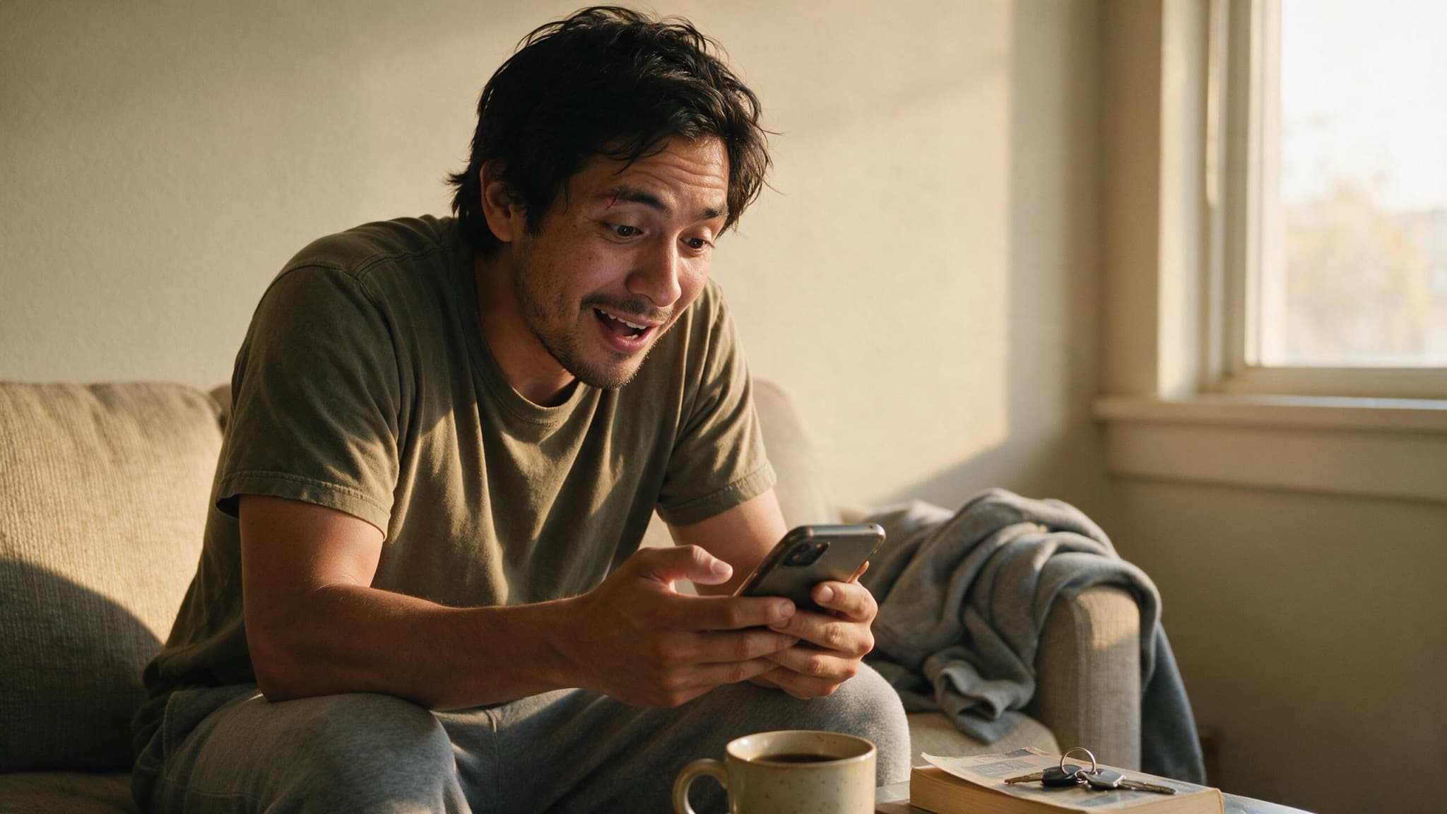 A man in his early thirties on a sofa reading something on his phone, caught between a laugh and something quieter