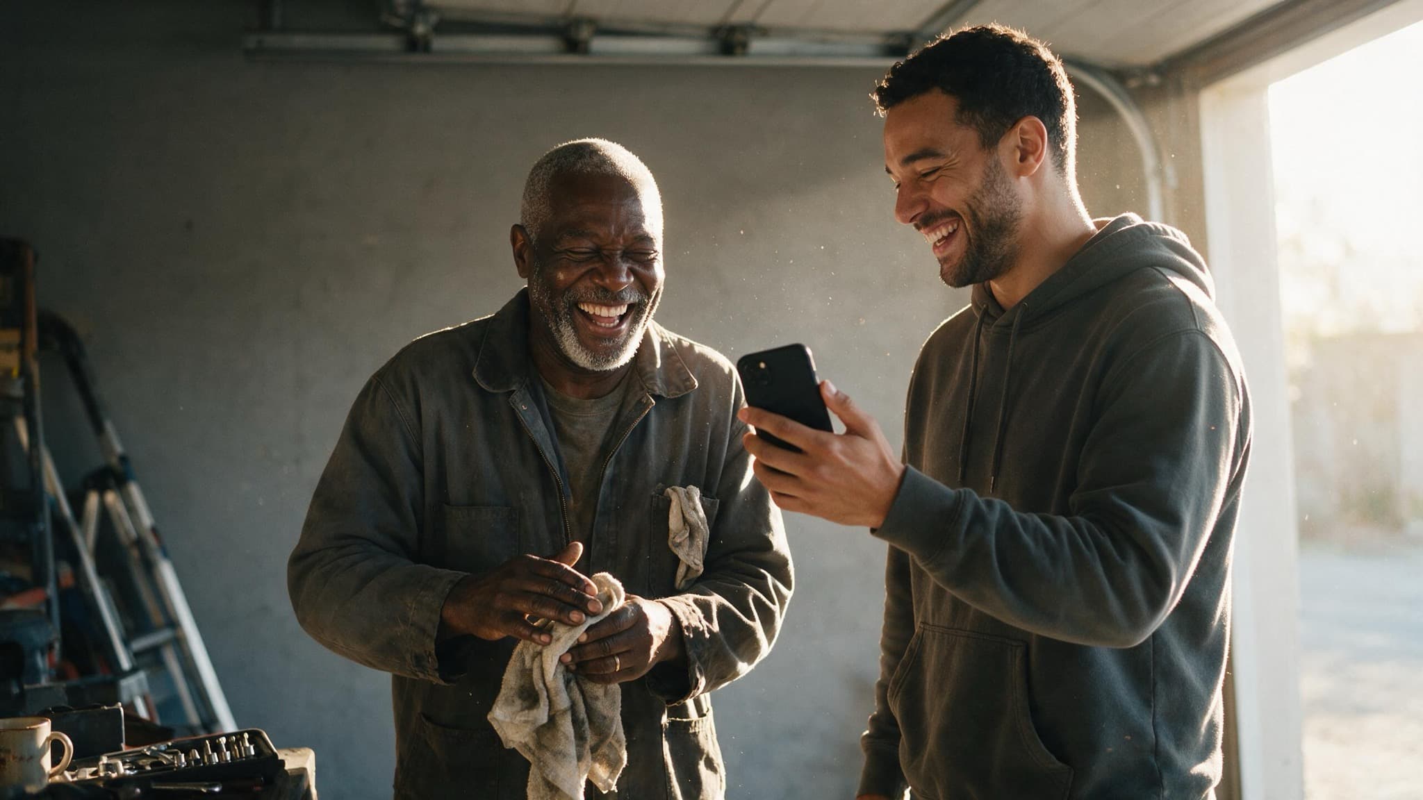 A man in his sixties in a garage doorway, laughing at a phone his adult son is holding up