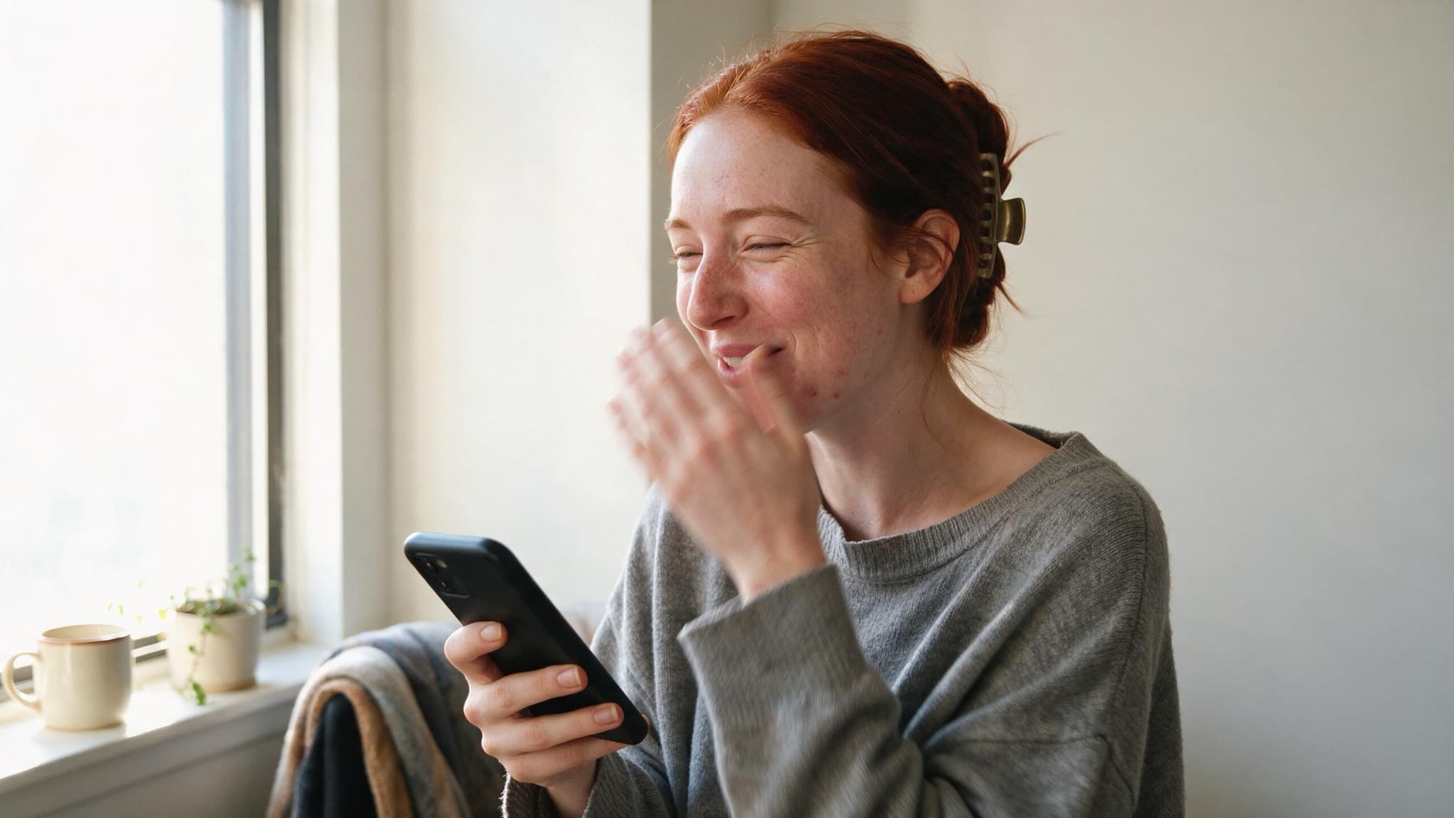 A woman in her late twenties by a bright window, hand at her mouth, reading something on her phone