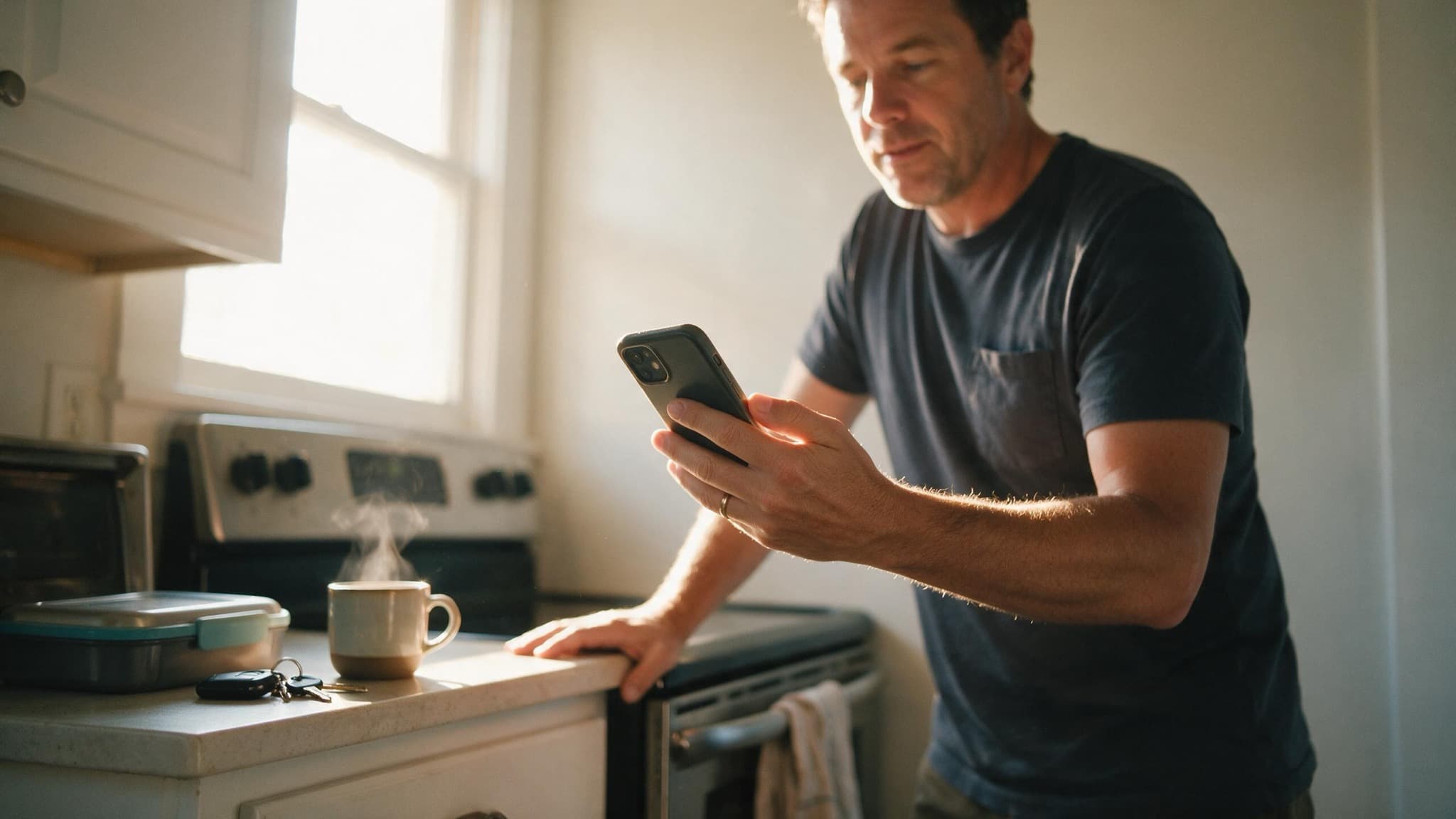 A man in his forties at a kitchen counter in the morning, holding his phone, half smiling at it