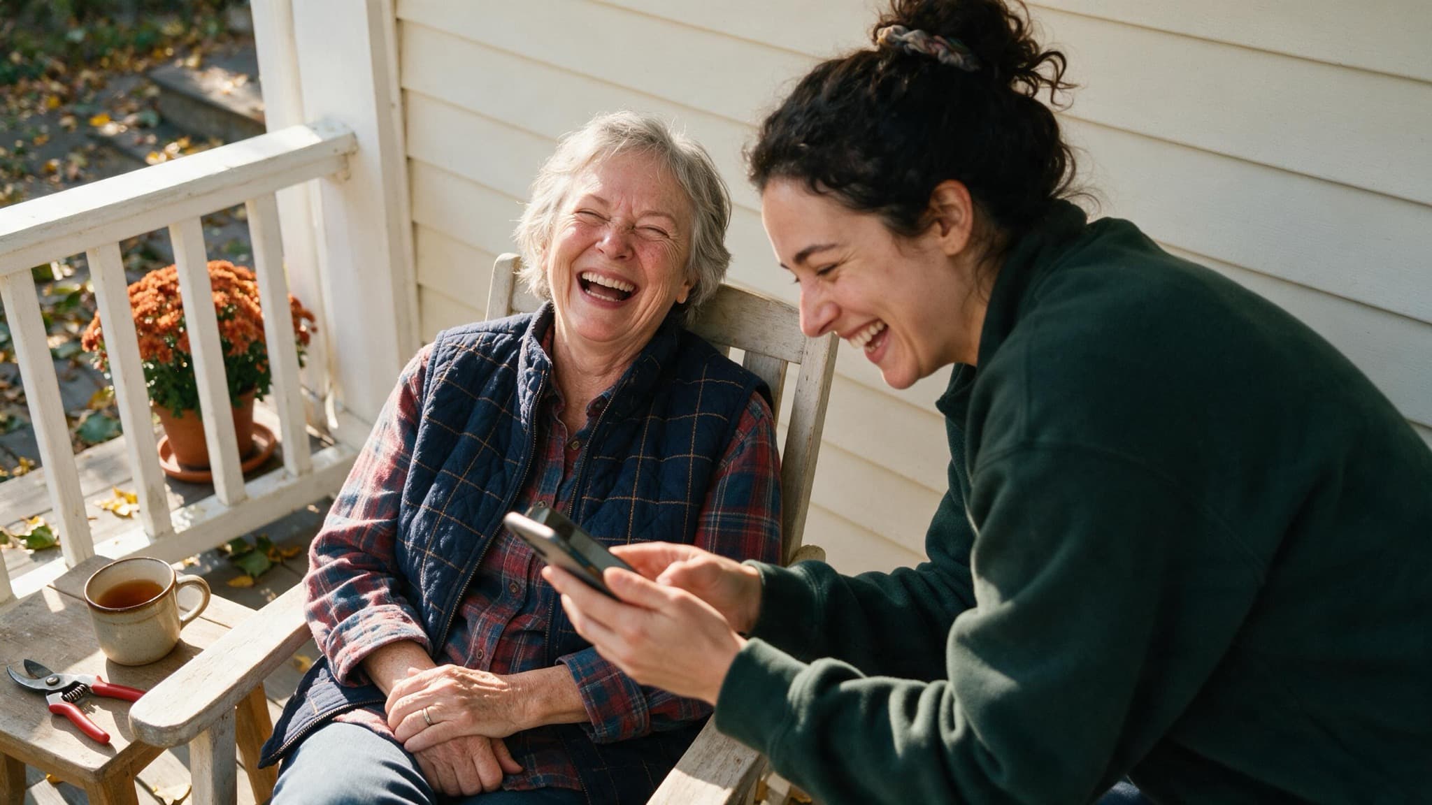 A woman in her sixties on a porch laughing while her adult daughter shows her something on a phone