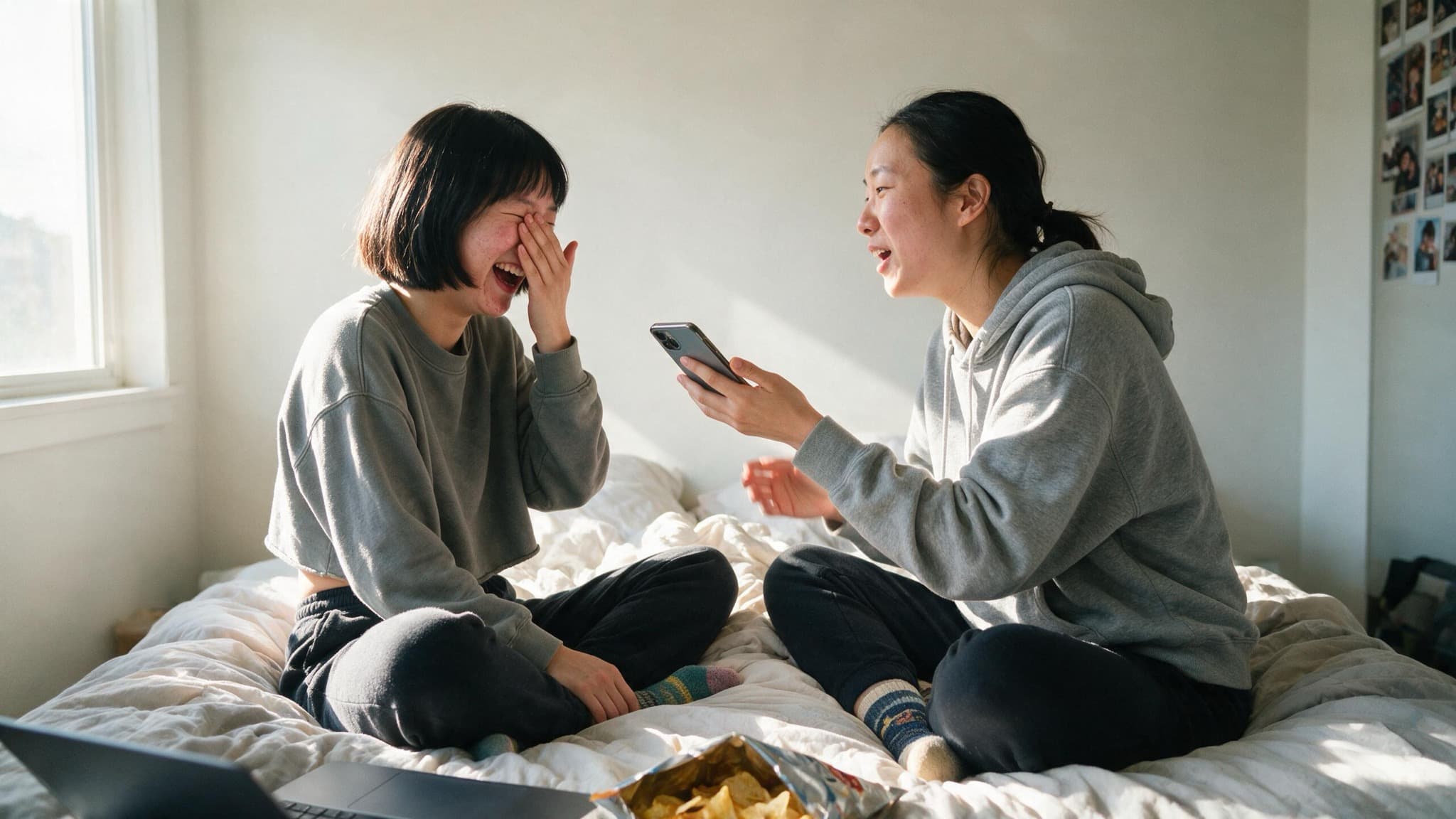 Two sisters in their twenties on a bed, one showing the other a phone and both laughing