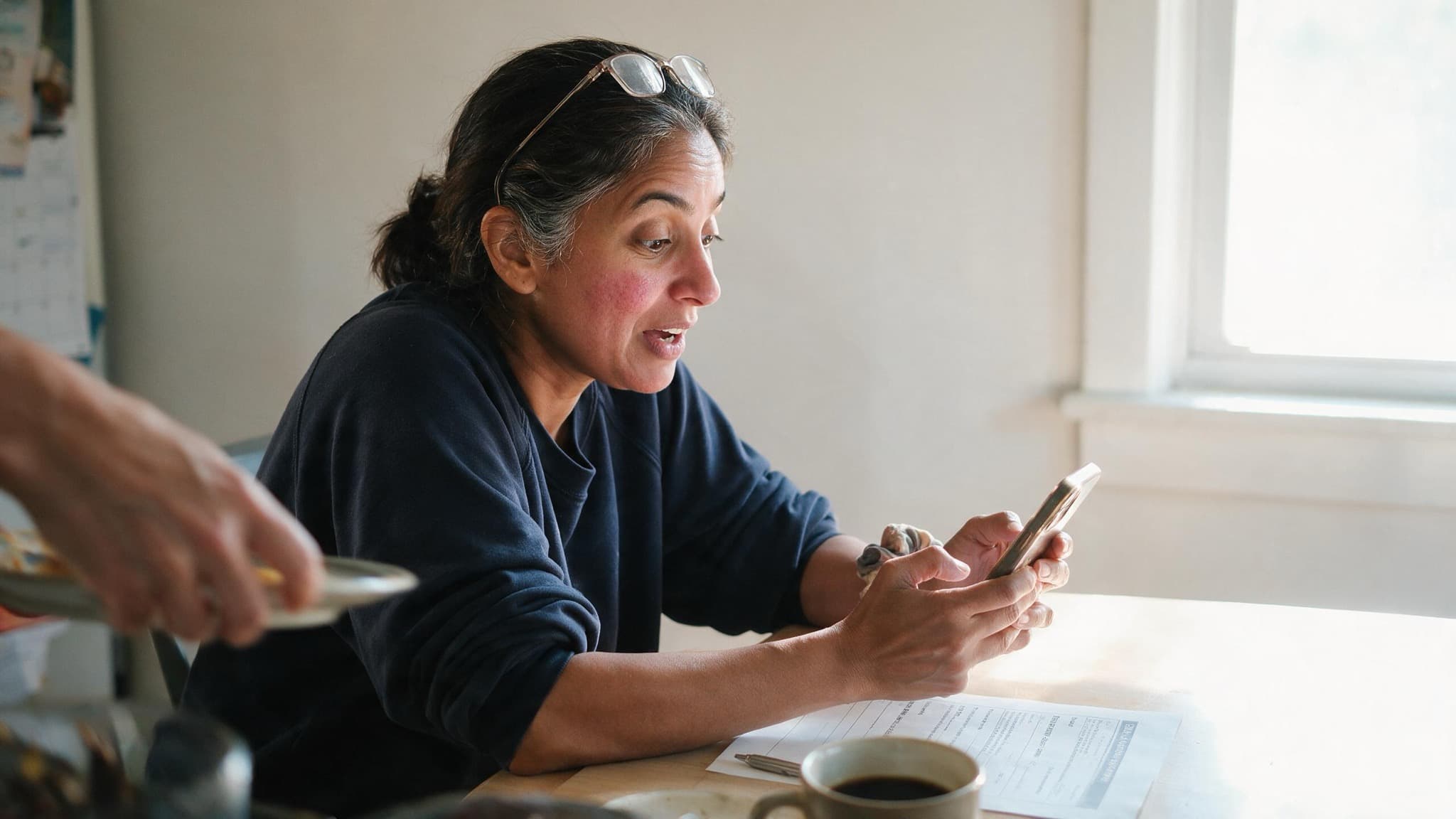 A woman in her forties at a kitchen table in morning light, reading her phone with a coffee beside her
