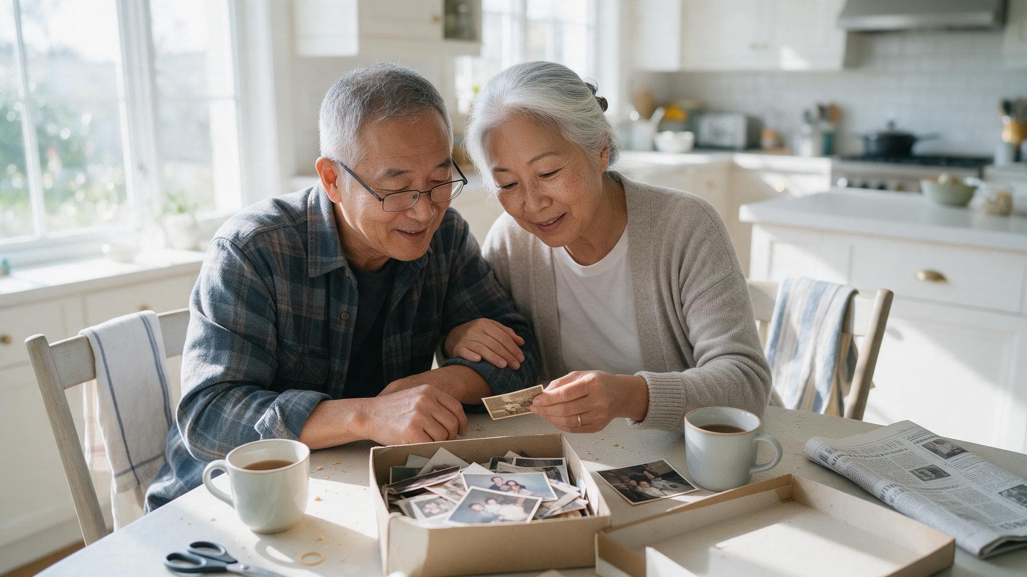 A couple in their sixties looking at an old photograph together at a kitchen table