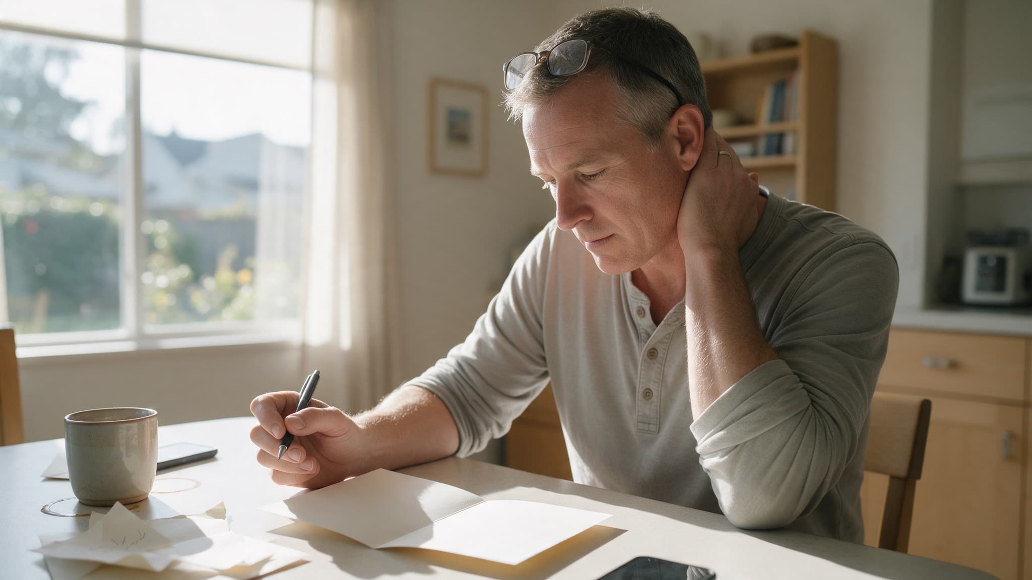 A man sitting at a kitchen table with an open blank card and a pen, thinking