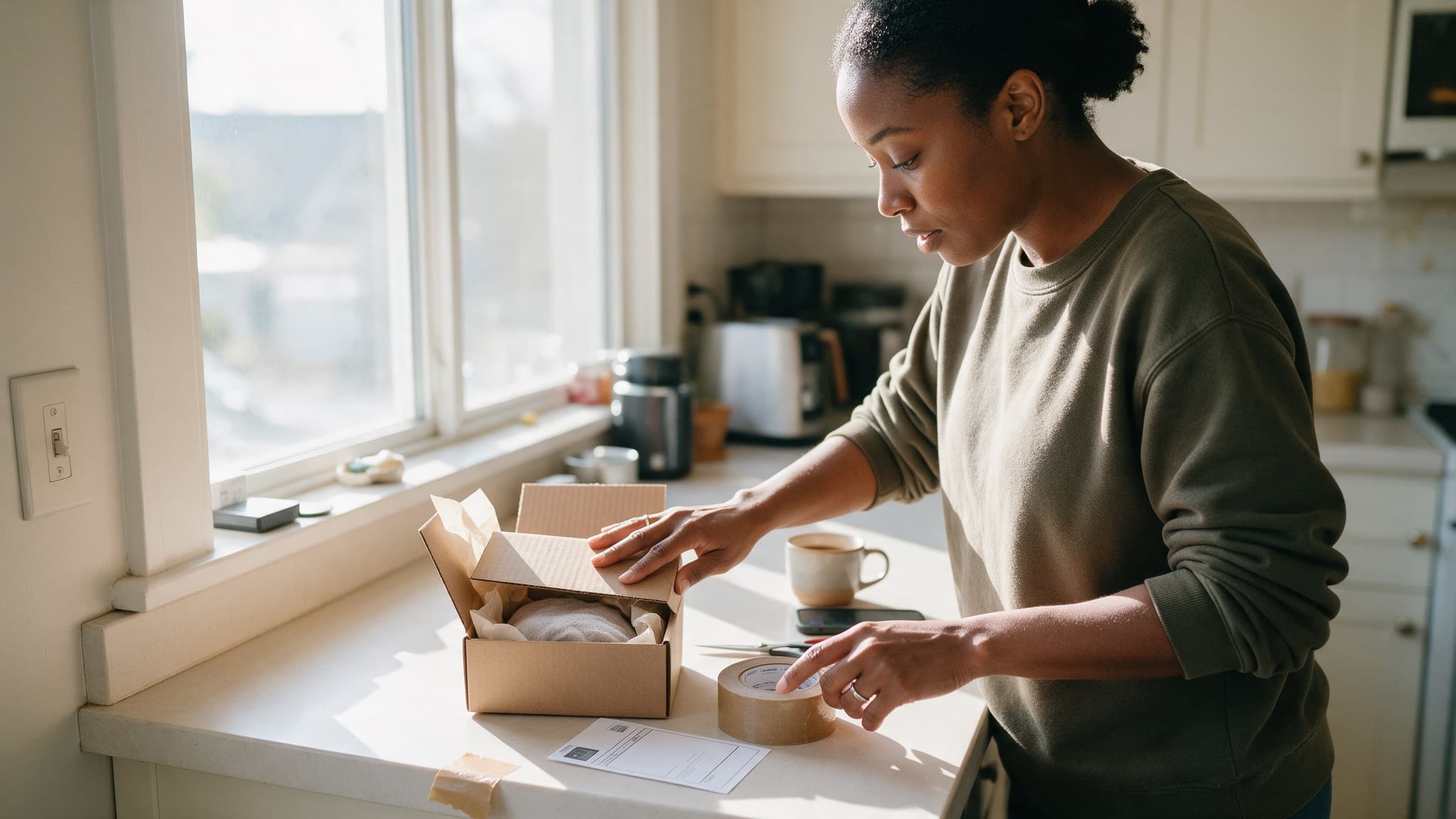 A woman packing a small box at a kitchen counter to mail to her parents