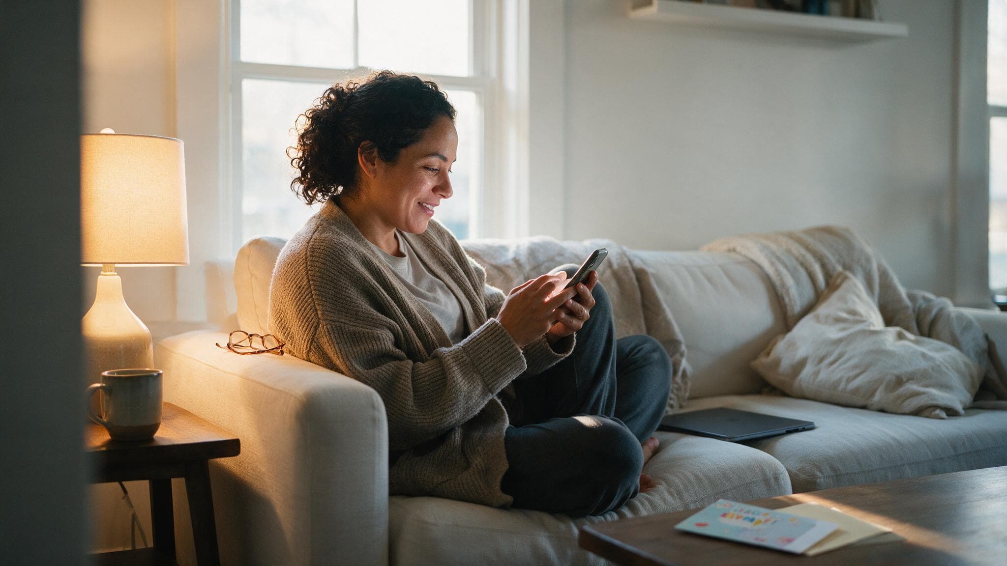 A woman on a sofa in the evening typing a long message on her phone, smiling