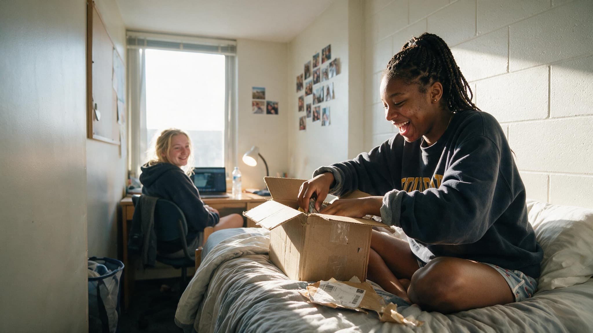 A student sitting cross-legged on a dorm bed opening a cardboard box, her roommate watching from a desk chair