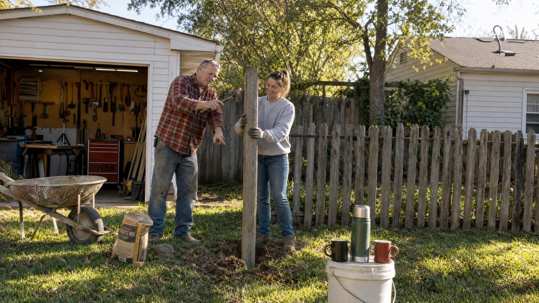 A man in his sixties and his adult daughter working side by side on an old fence in a backyard on a sunny afternoon