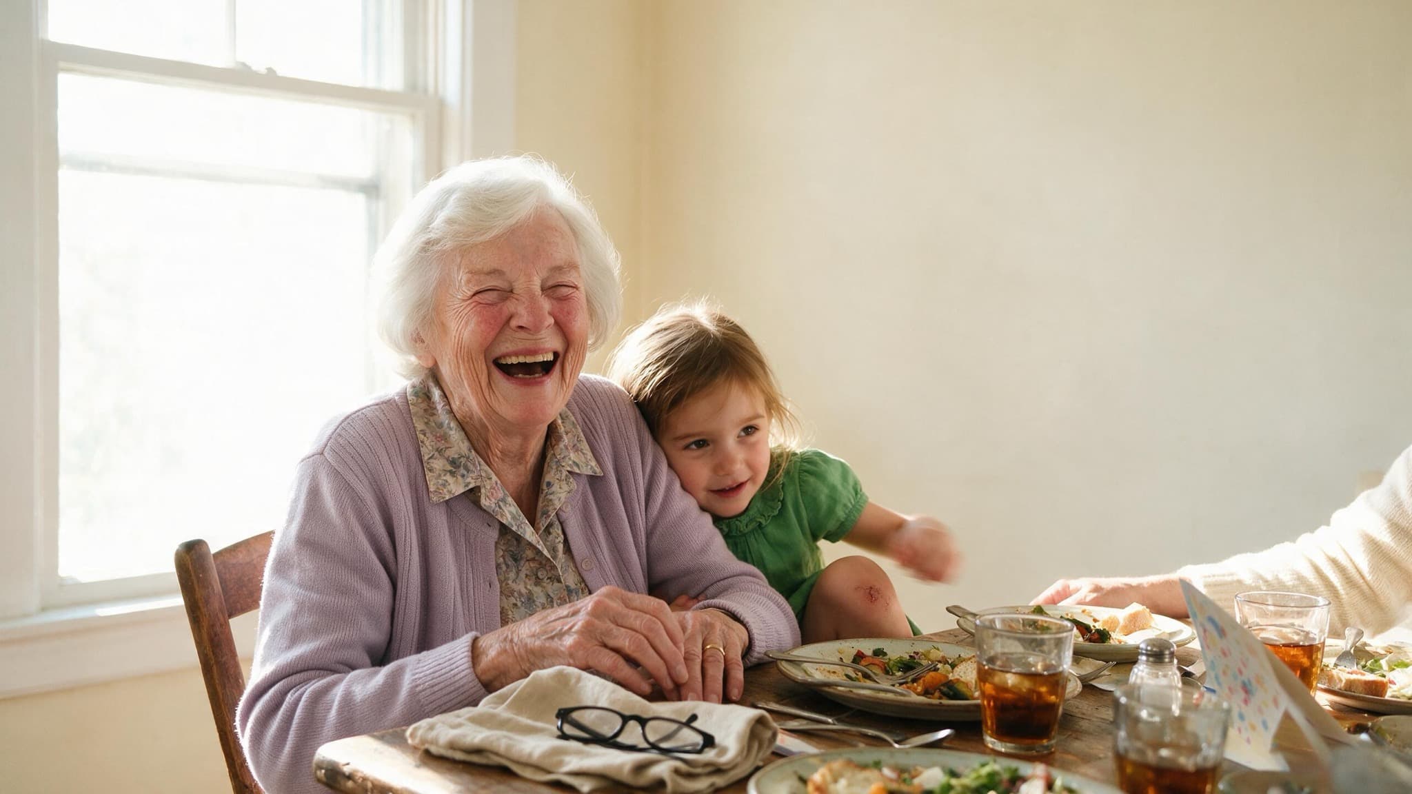 A woman in her eighties laughing at a sunlit lunch table while a great-grandchild leans against her arm