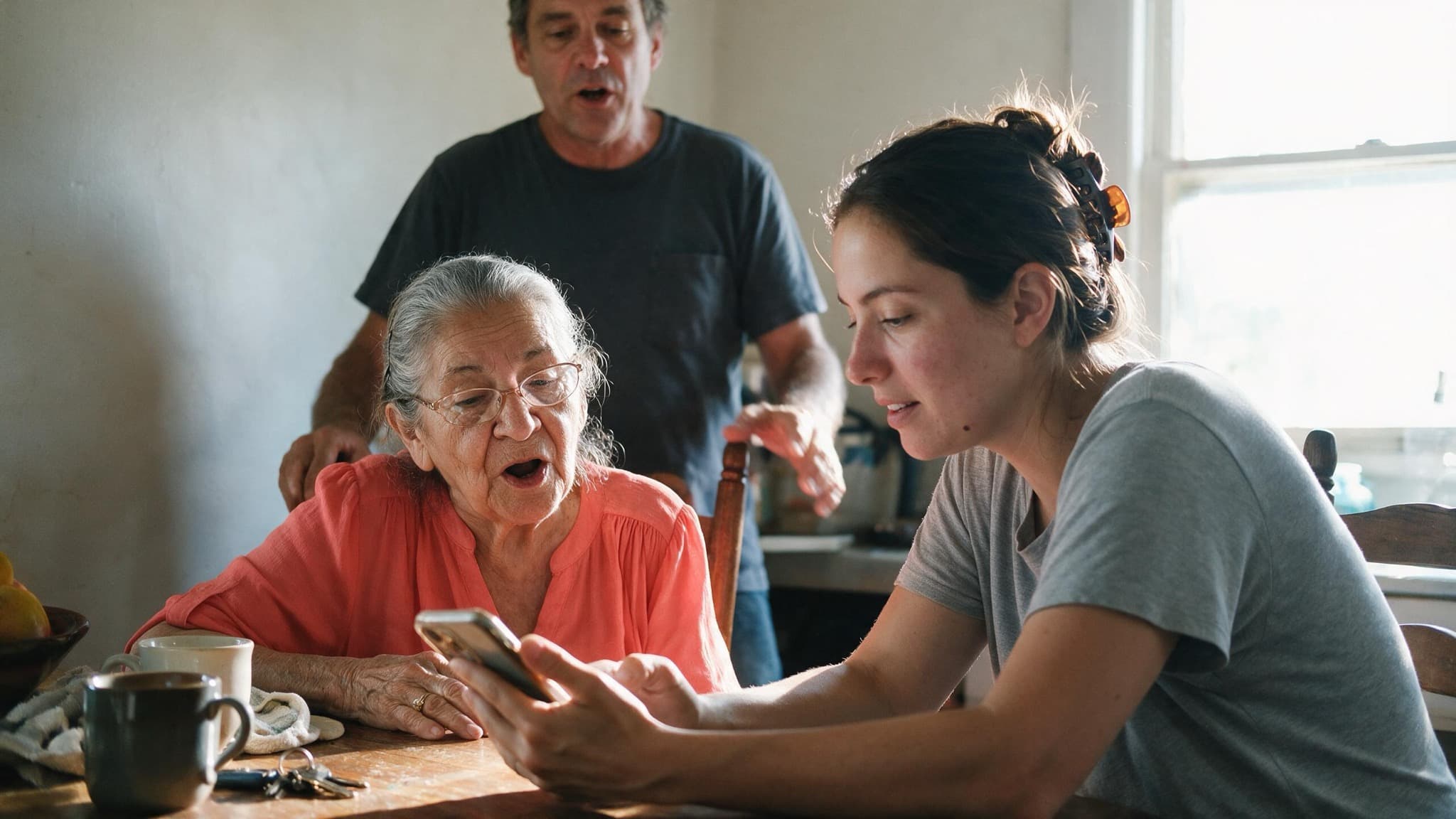 Three generations of a family around a kitchen table, a young woman holding a phone so her grandmother can see it