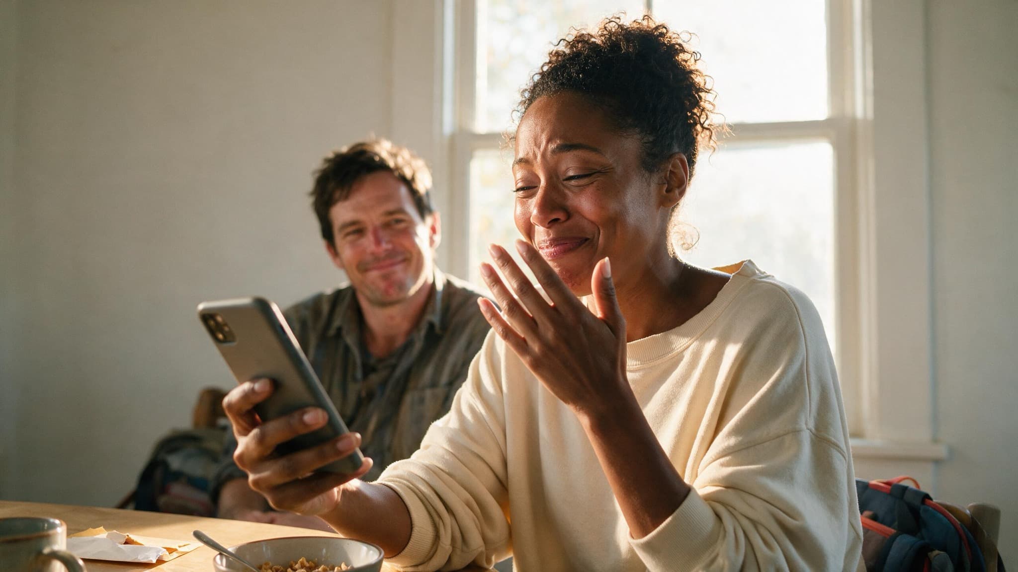 A woman at a breakfast table in morning light, hand raised to her face and clearly moved, reading something on her phone while her partner watches
