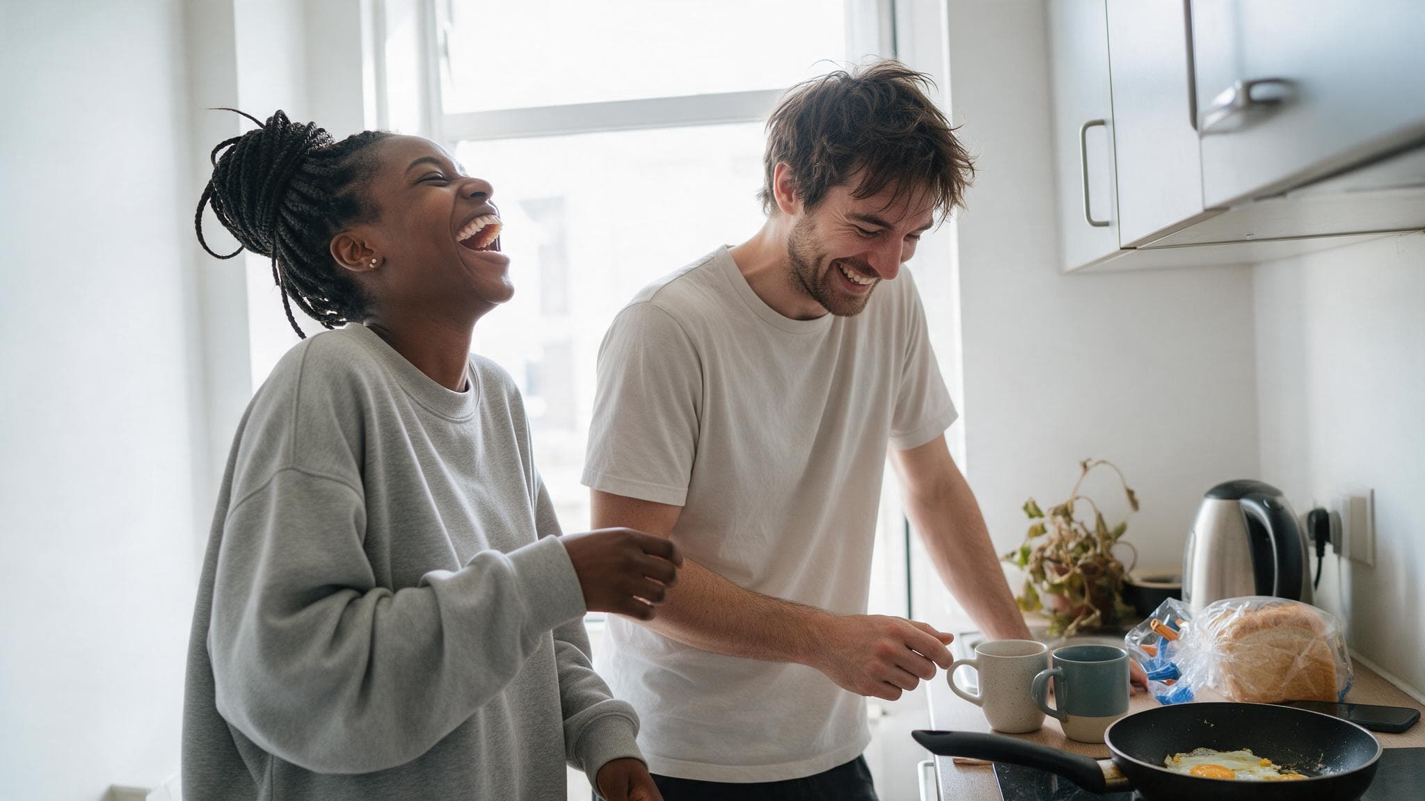 A young couple laughing over breakfast in a small bright apartment kitchen