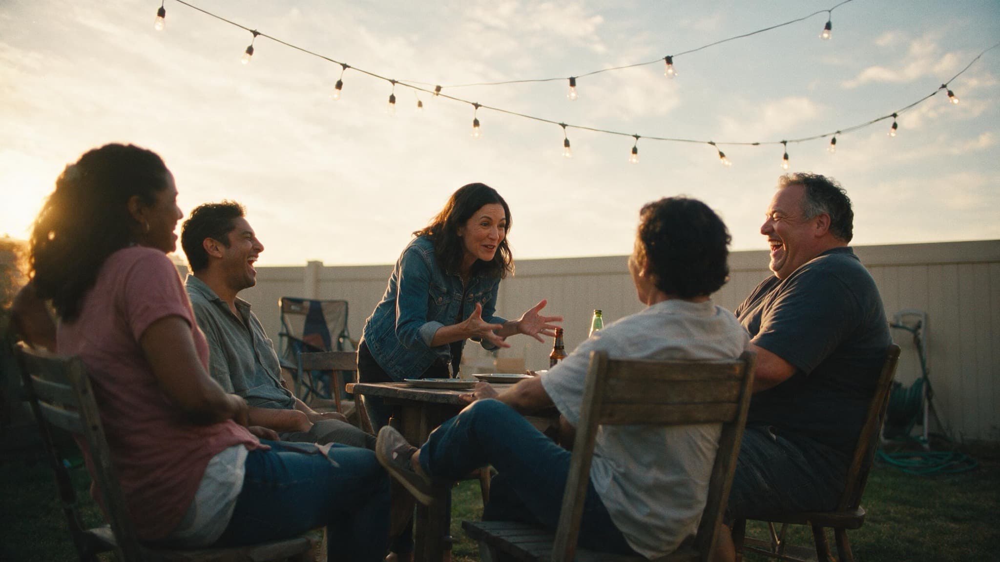 Five friends in their forties around a backyard table at dusk under string lights, mid-conversation