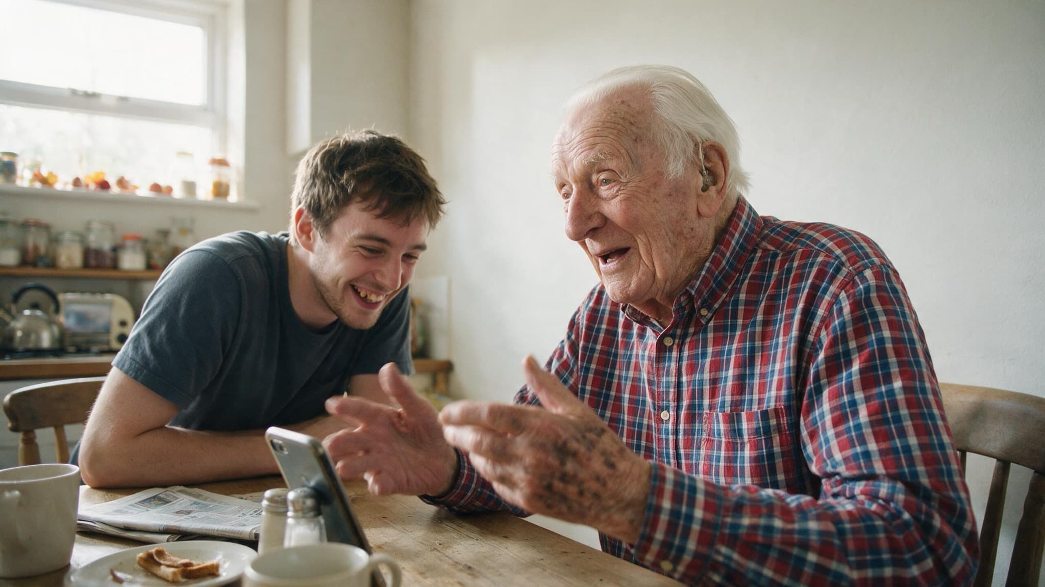 An older man mid-story at a kitchen table with both hands raised, his grandson listening, a phone recording between them