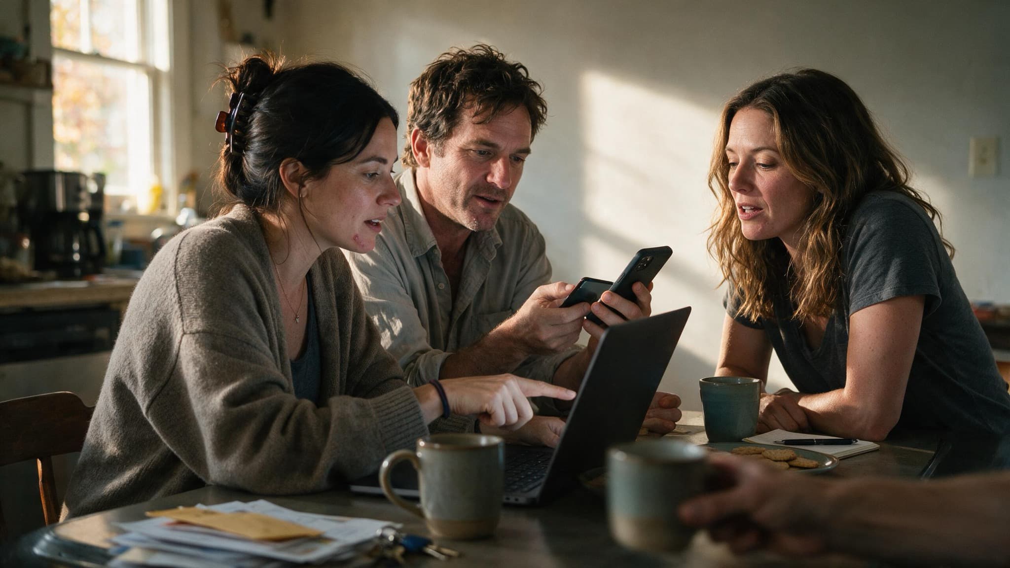 Three adult siblings at a kitchen table with two phones and a laptop, working something out together