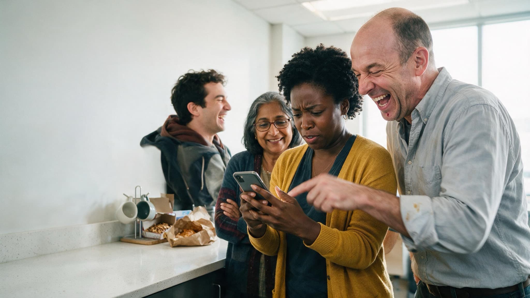 Four coworkers leaning over one phone at an office kitchen counter, one of them typing