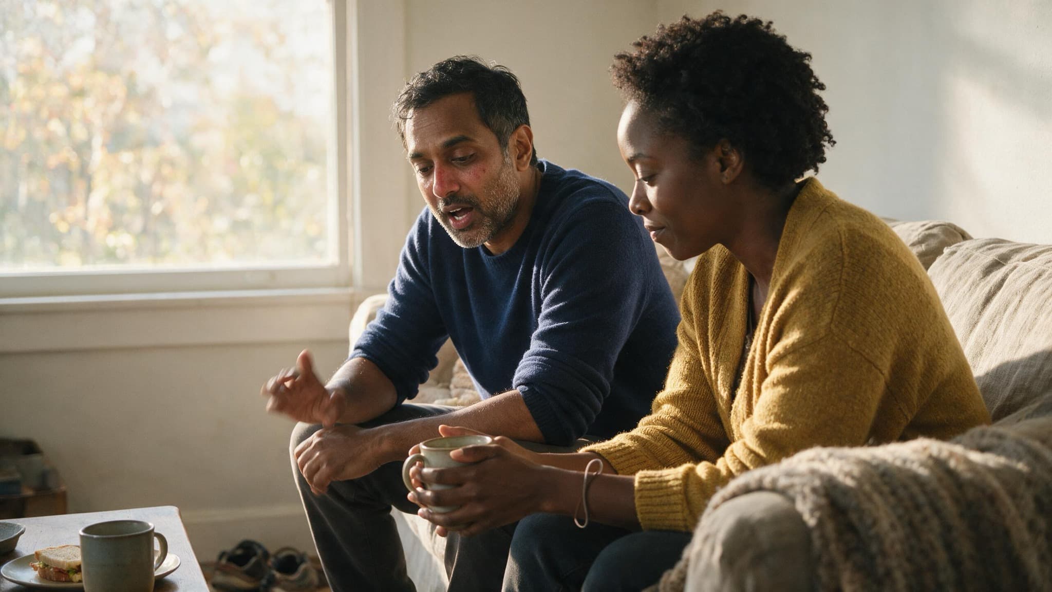 Two friends sitting on a sofa in afternoon light, one listening while the other talks, mugs on the table between them