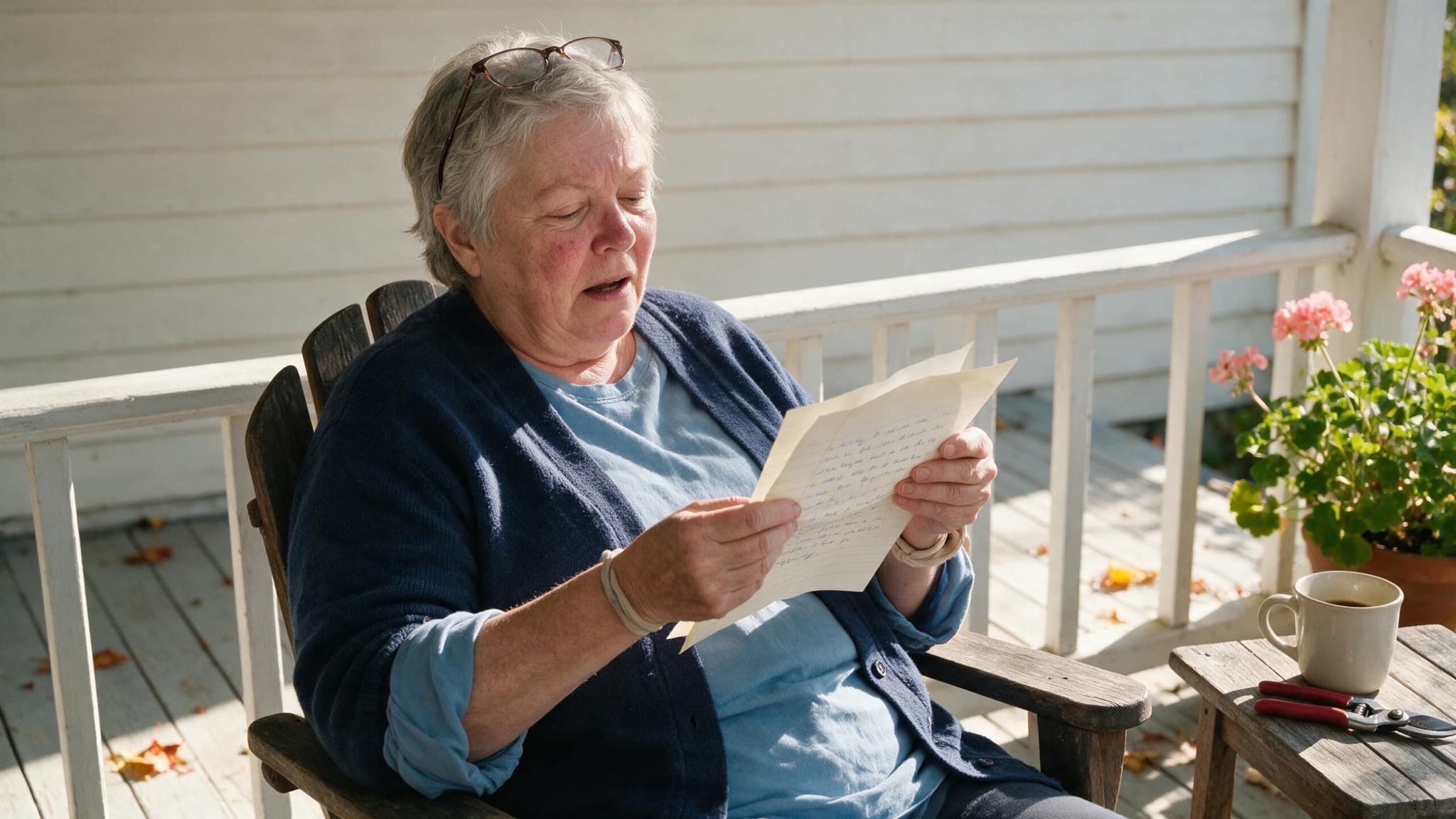 A woman in her sixties on a bright porch reading a handwritten letter, a coffee mug beside her