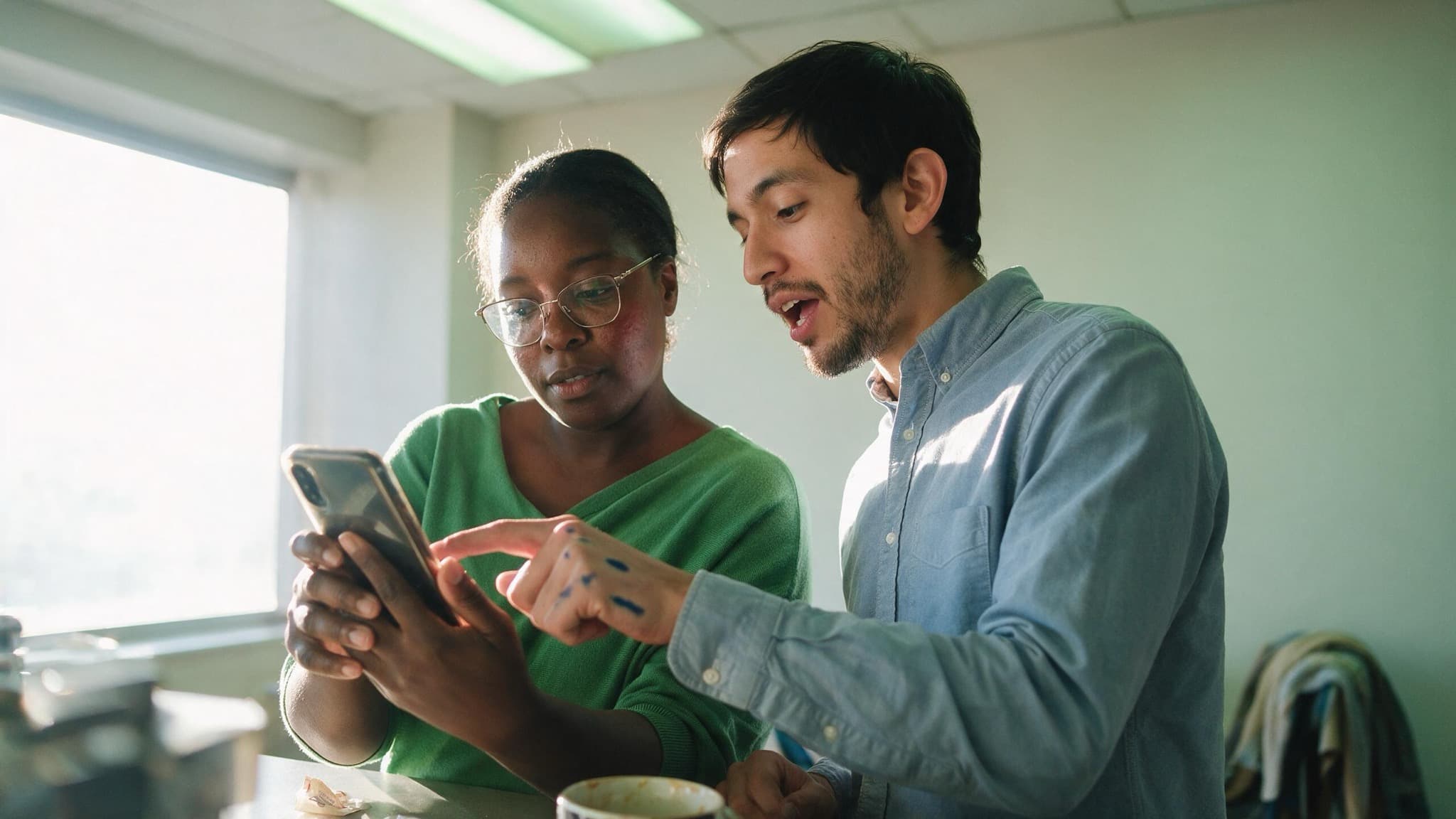 Two coworkers at a bright office table looking at one phone together, one of them pointing at the screen
