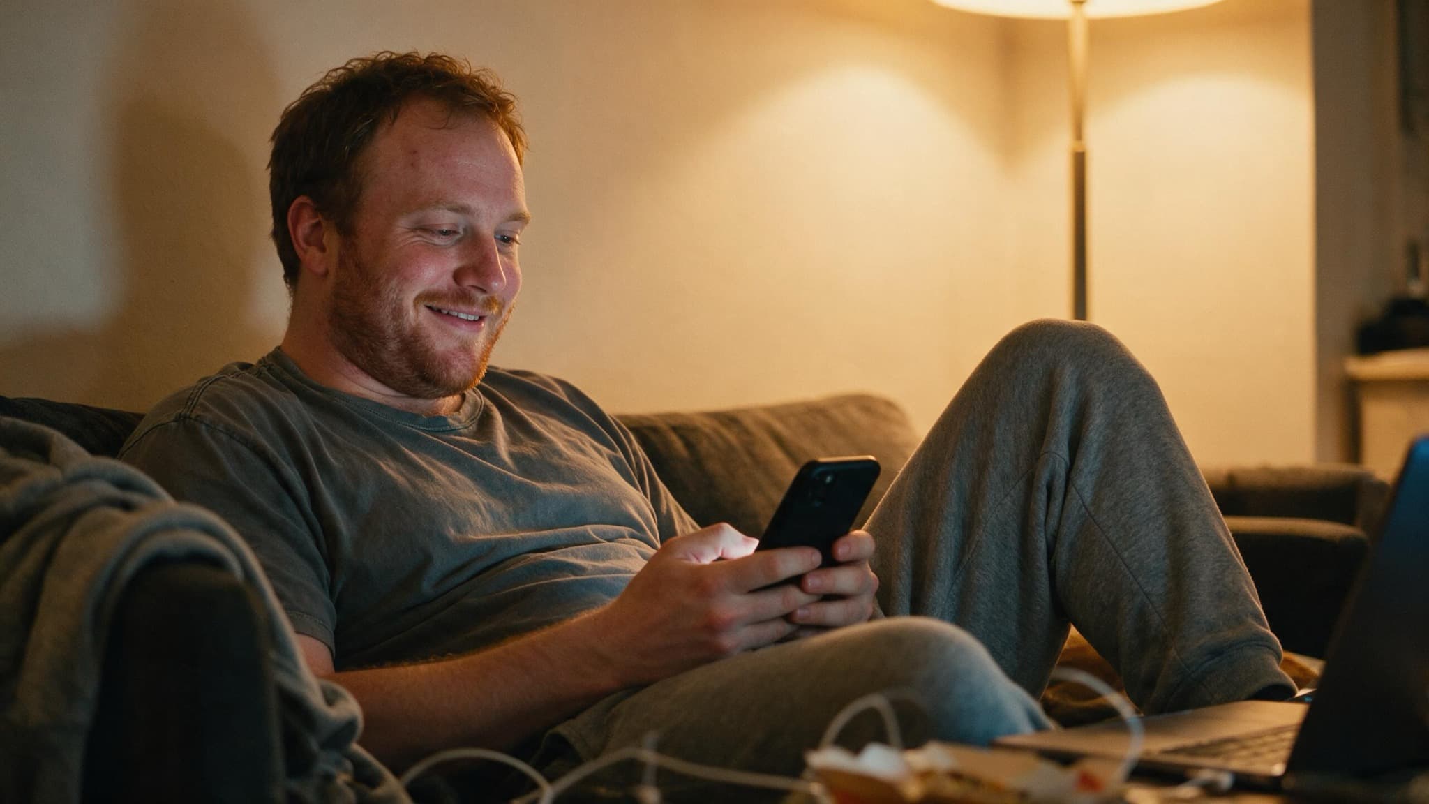 A man in his thirties on a bright sofa in the evening, phone in hand, half a smile, laptop open beside him