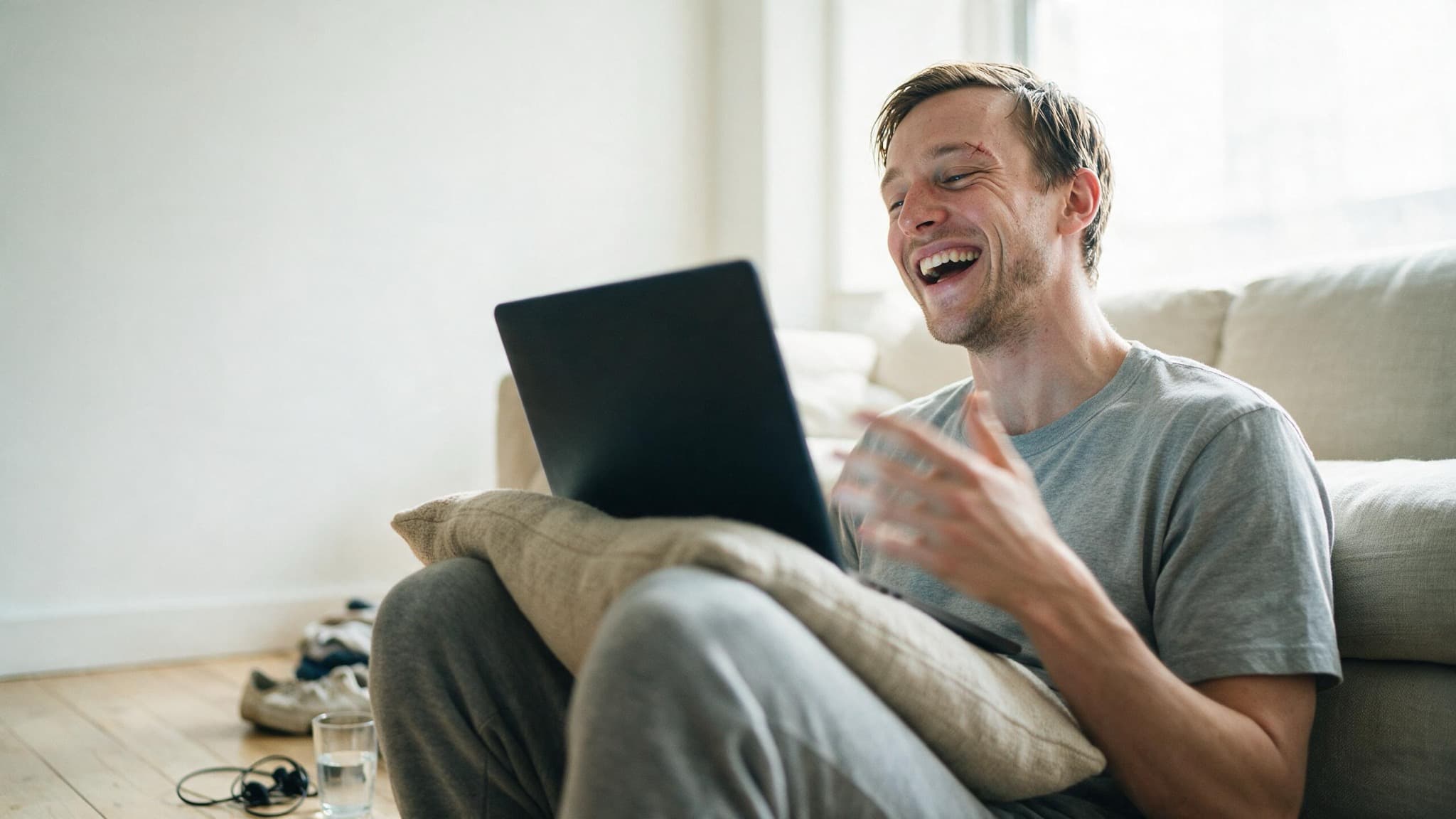 A young man sitting on a sunlit apartment floor on a video call, laptop on a cushion, laughing at the screen