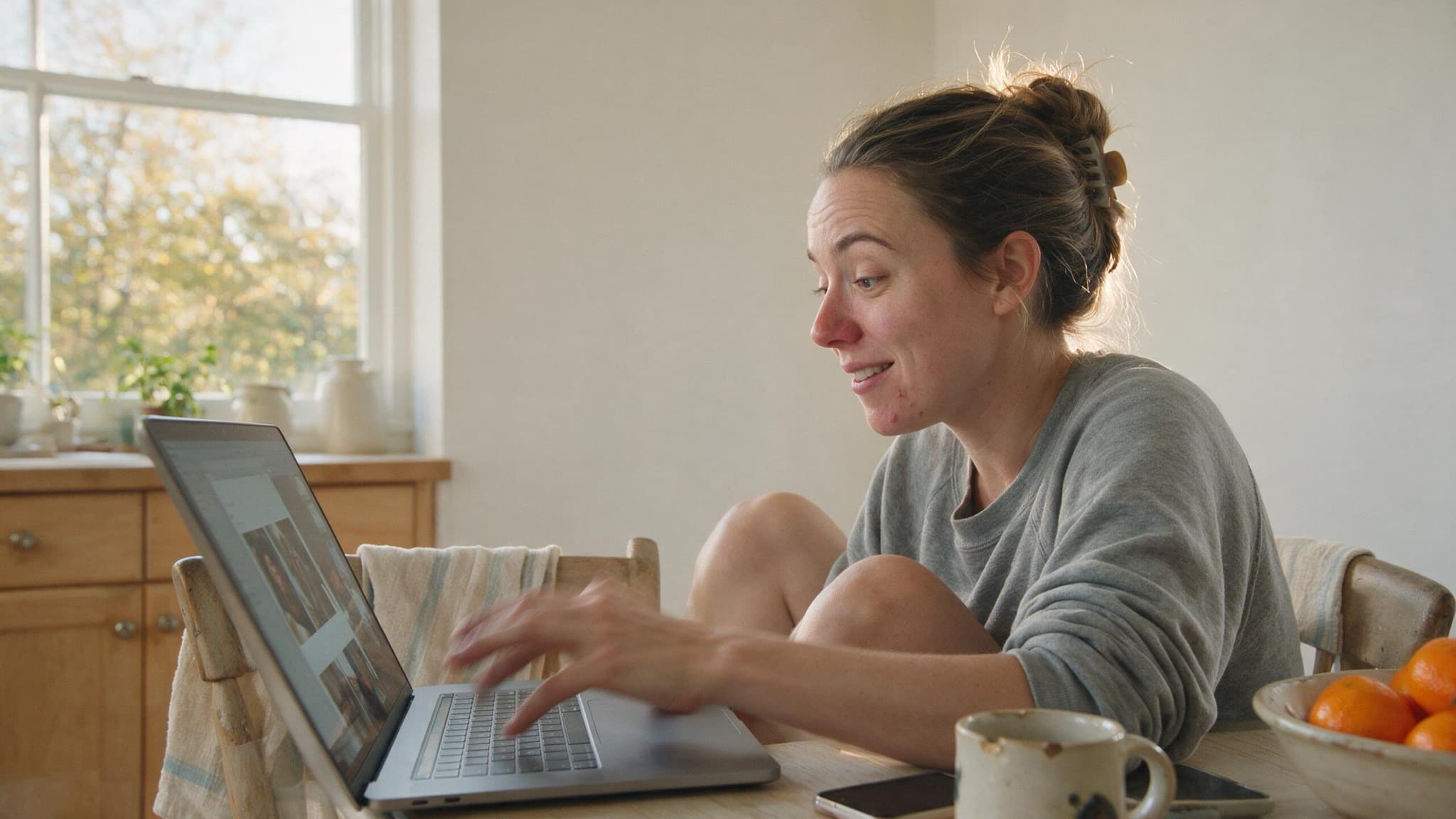 A woman at a kitchen table on a laptop choosing photos for a birthday page, phone beside her