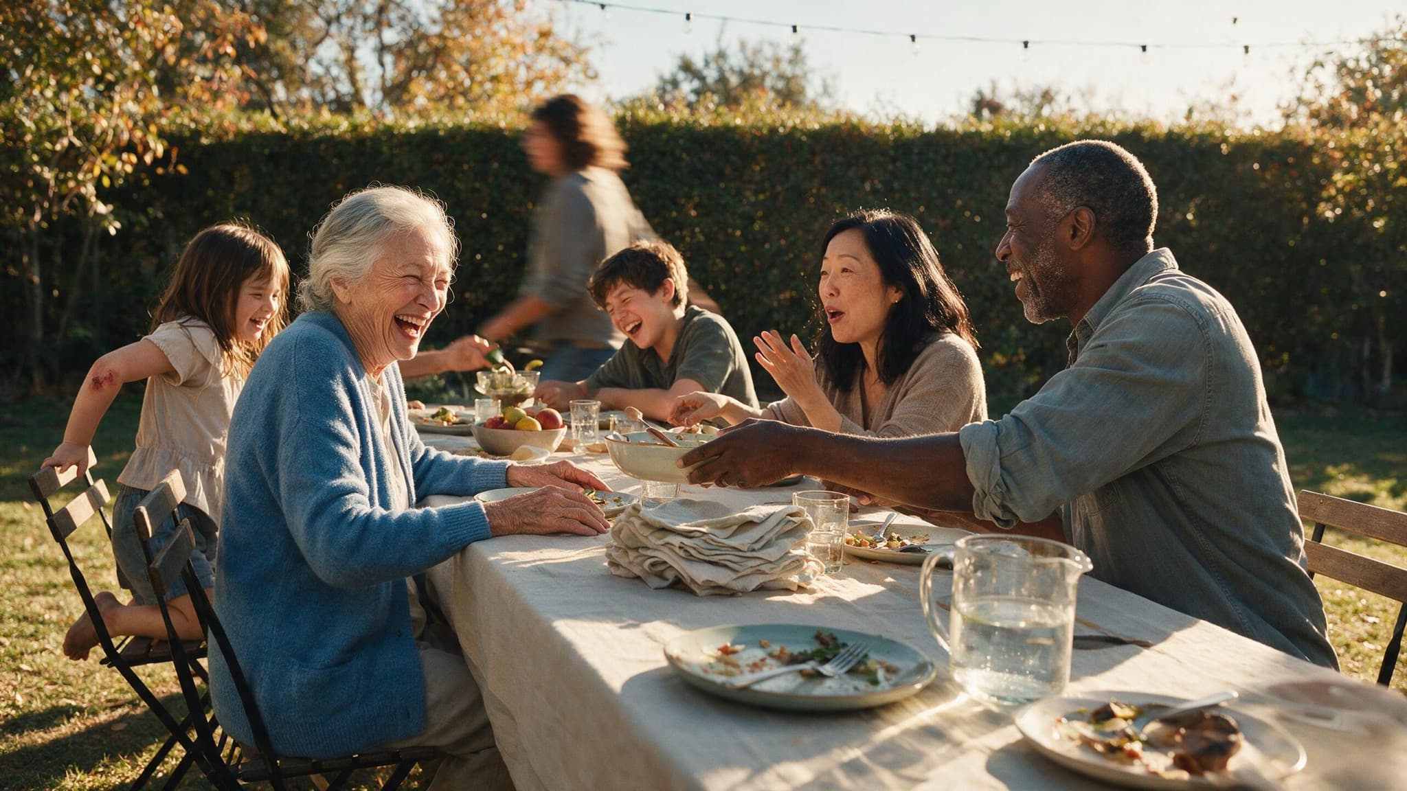 Three generations of a family at a long table outdoors, the oldest woman mid-laugh at the head of it