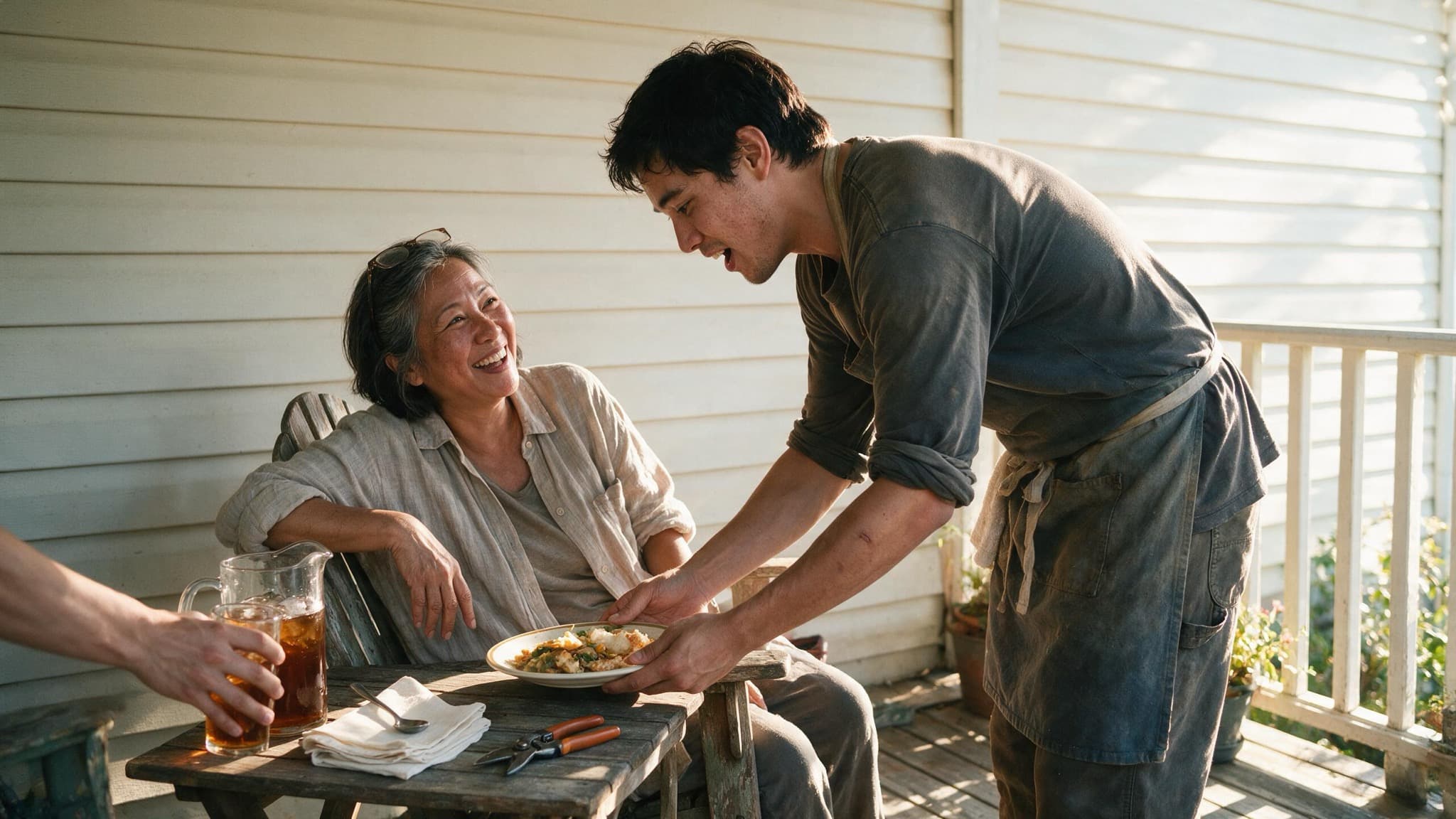 A woman in her sixties laughing on a back porch while her adult son sets a plate down in front of her