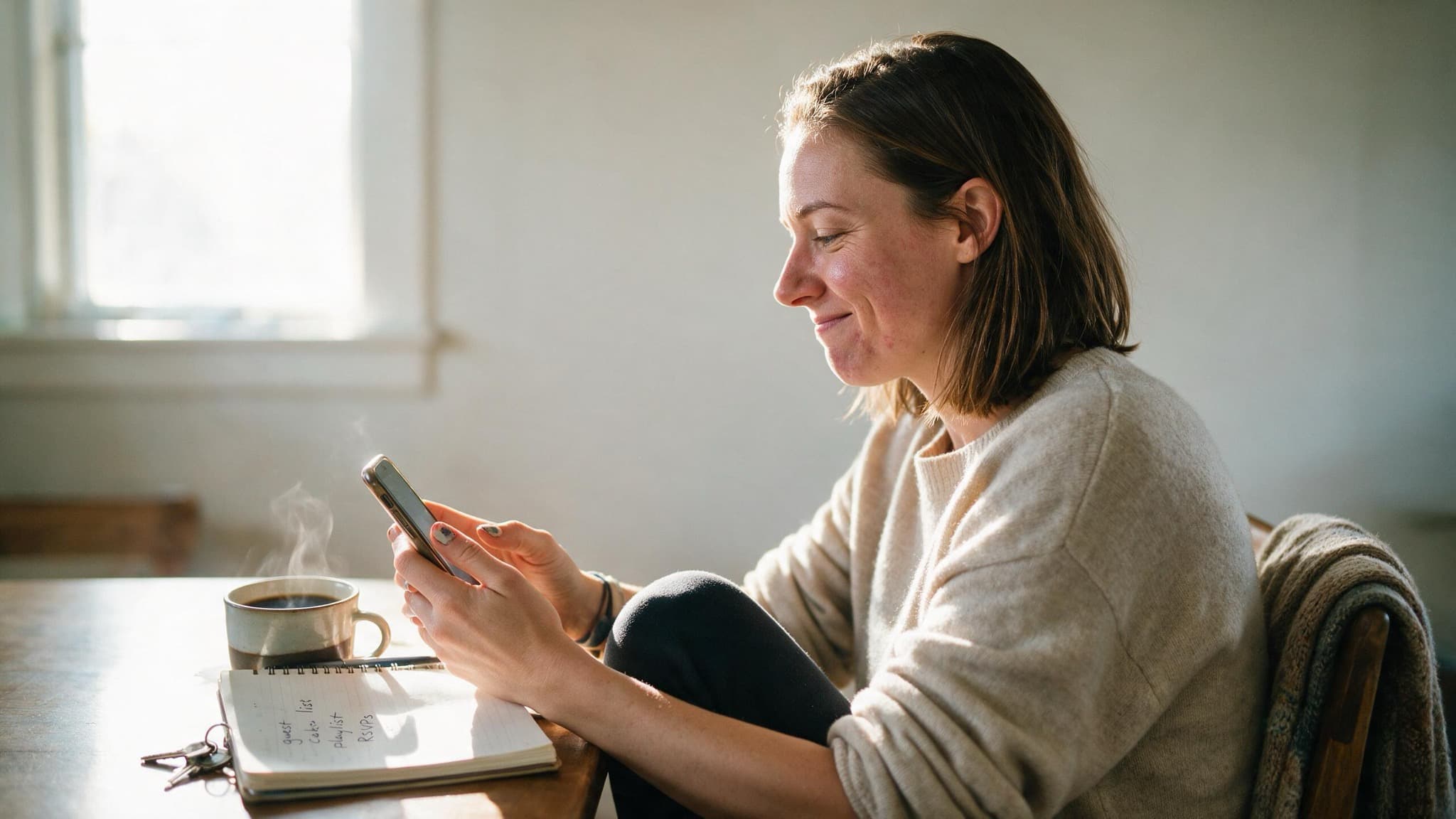 A woman in her thirties at a kitchen table texting, a notebook and a coffee beside her, half smiling
