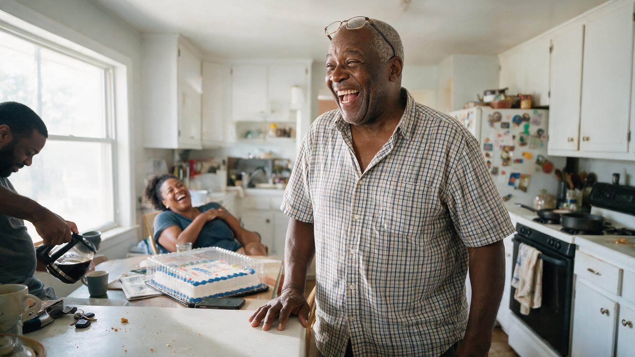 A man turning seventy laughing with his adult children in a bright kitchen on a weekday morning