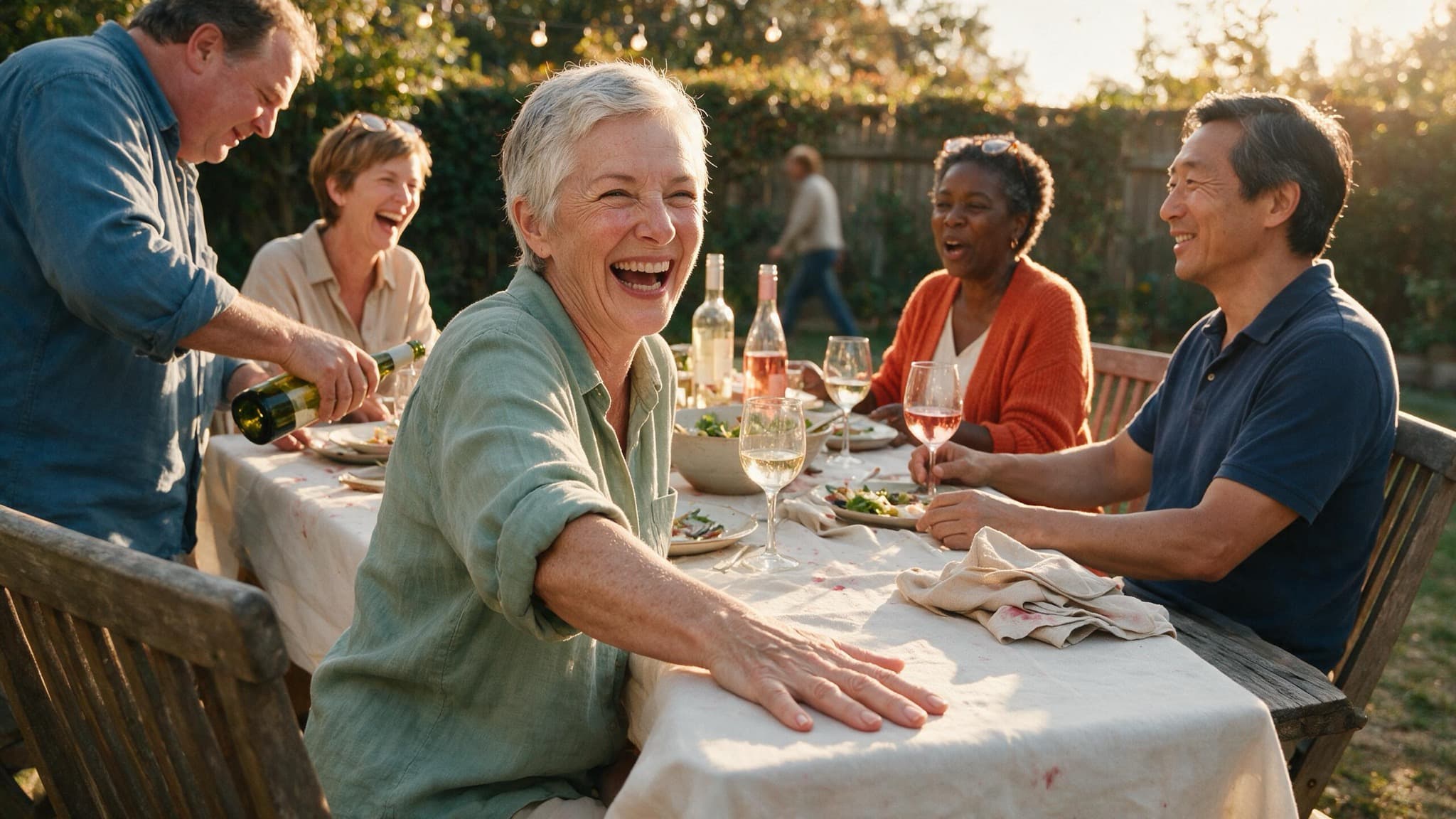 A woman turning sixty laughing with friends around an outdoor table in late afternoon light