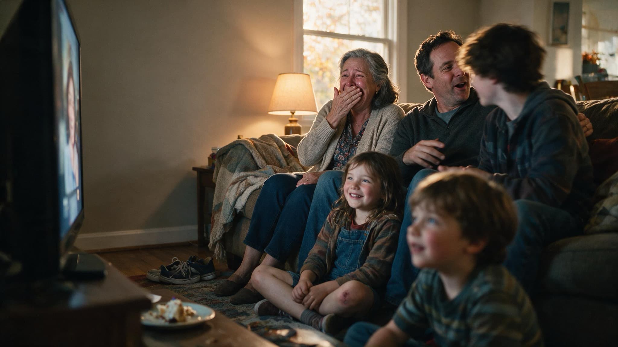 A living room of family watching a photo slideshow on a television, one woman laughing with a hand over her mouth