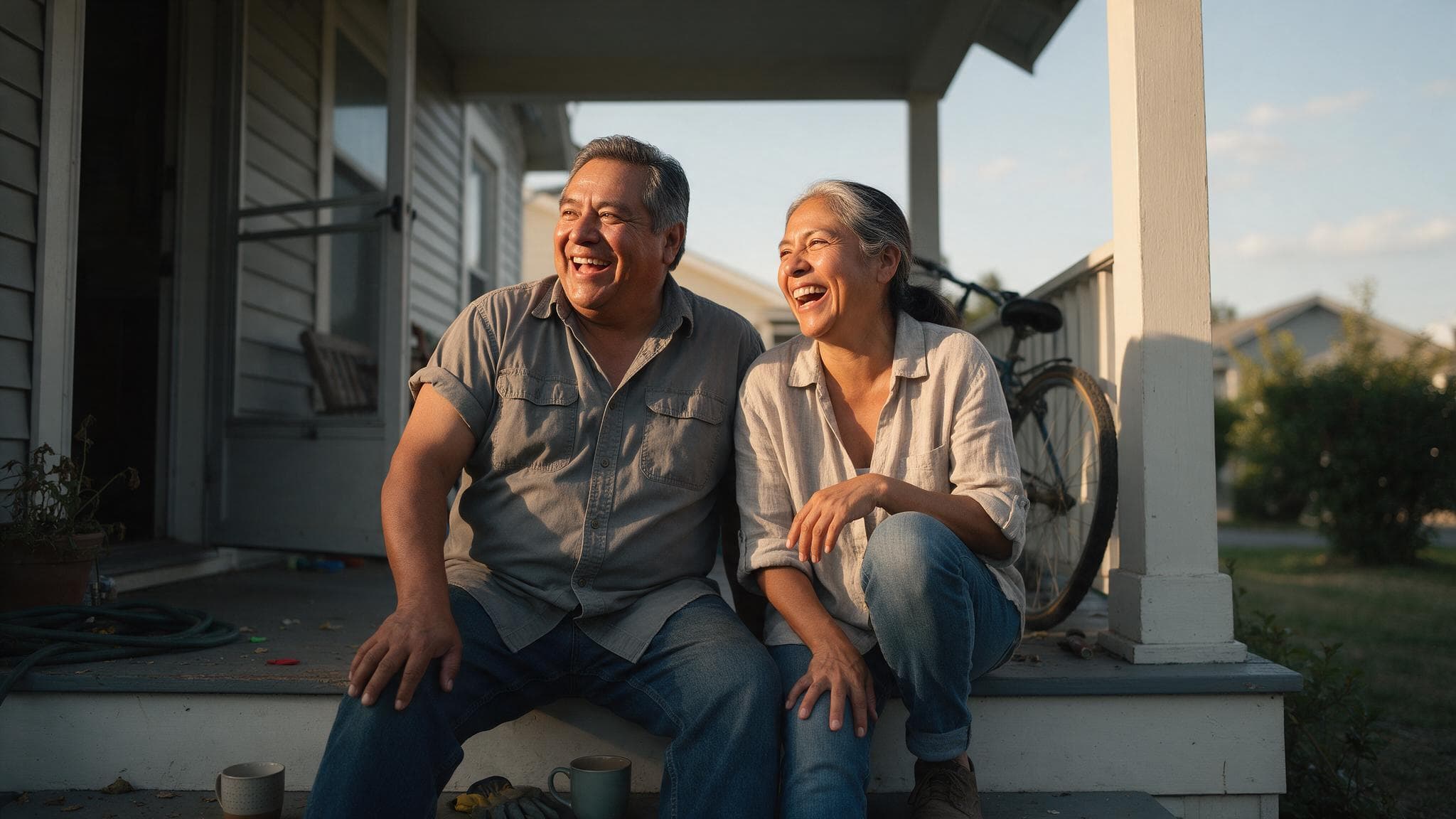 A couple in their fifties sitting on their porch steps in the late afternoon, laughing
