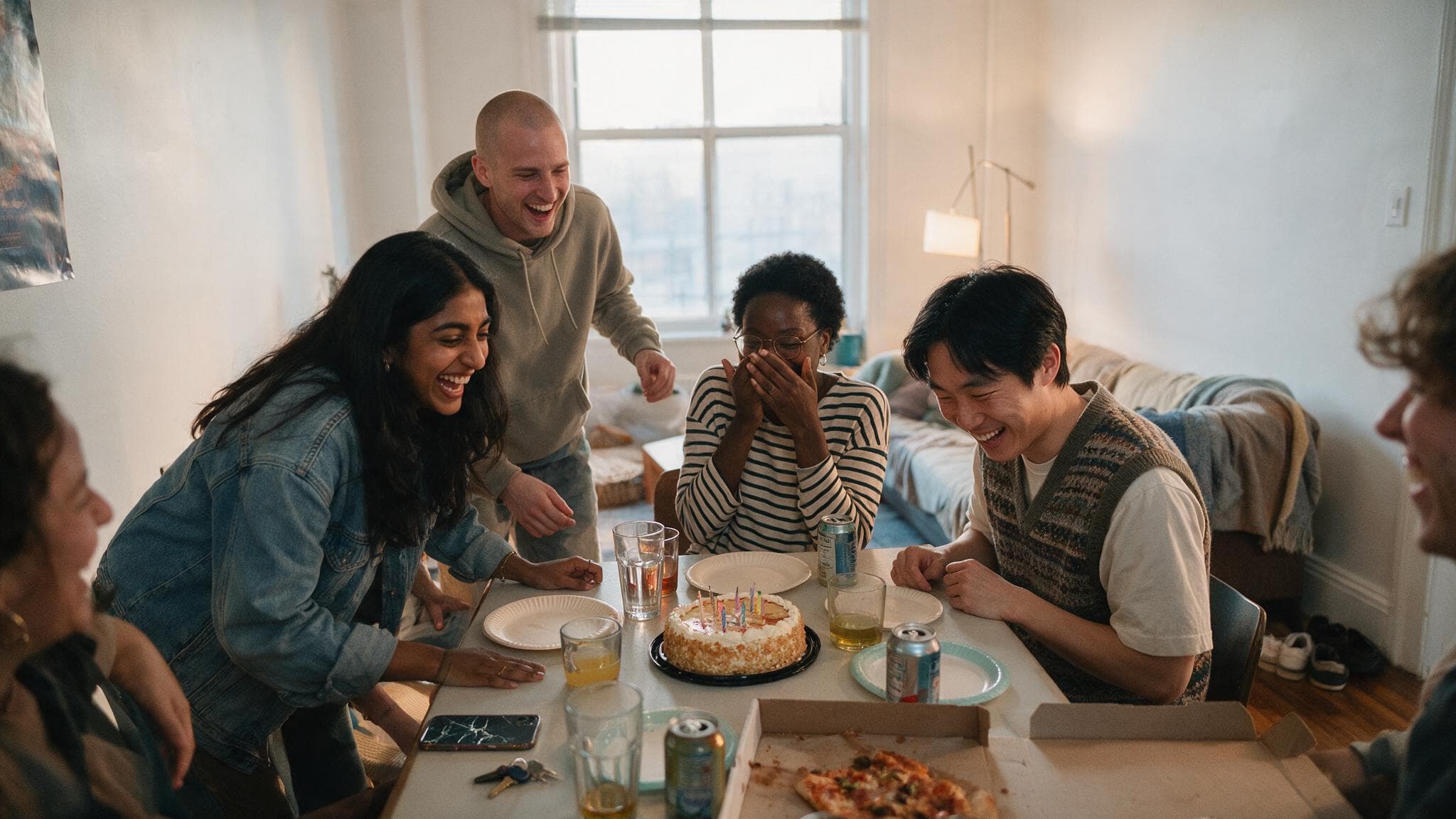 A group of friends in their early twenties crowded around a table in a bright apartment, laughing