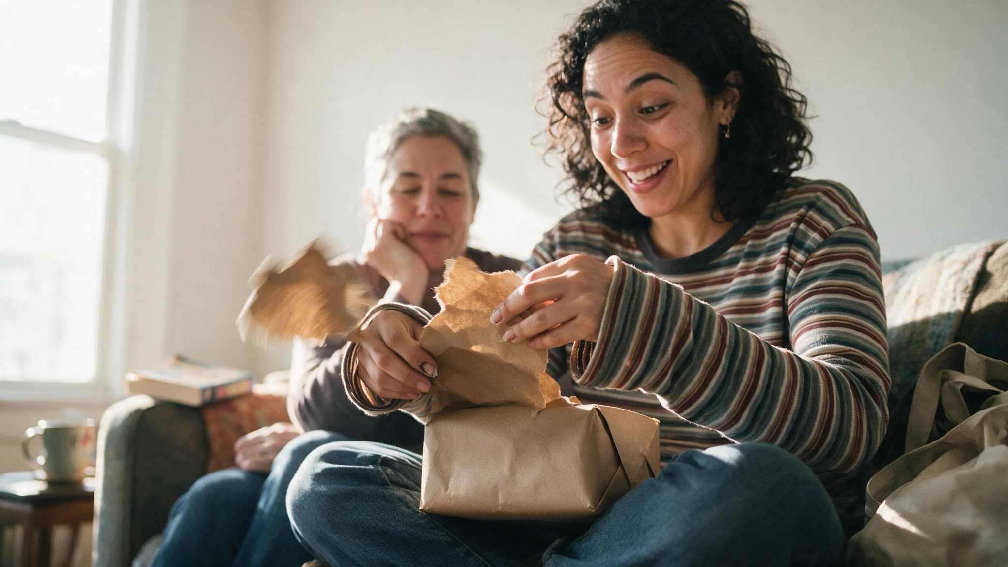 A woman on a bright apartment sofa unwrapping a small brown paper package, a friend watching