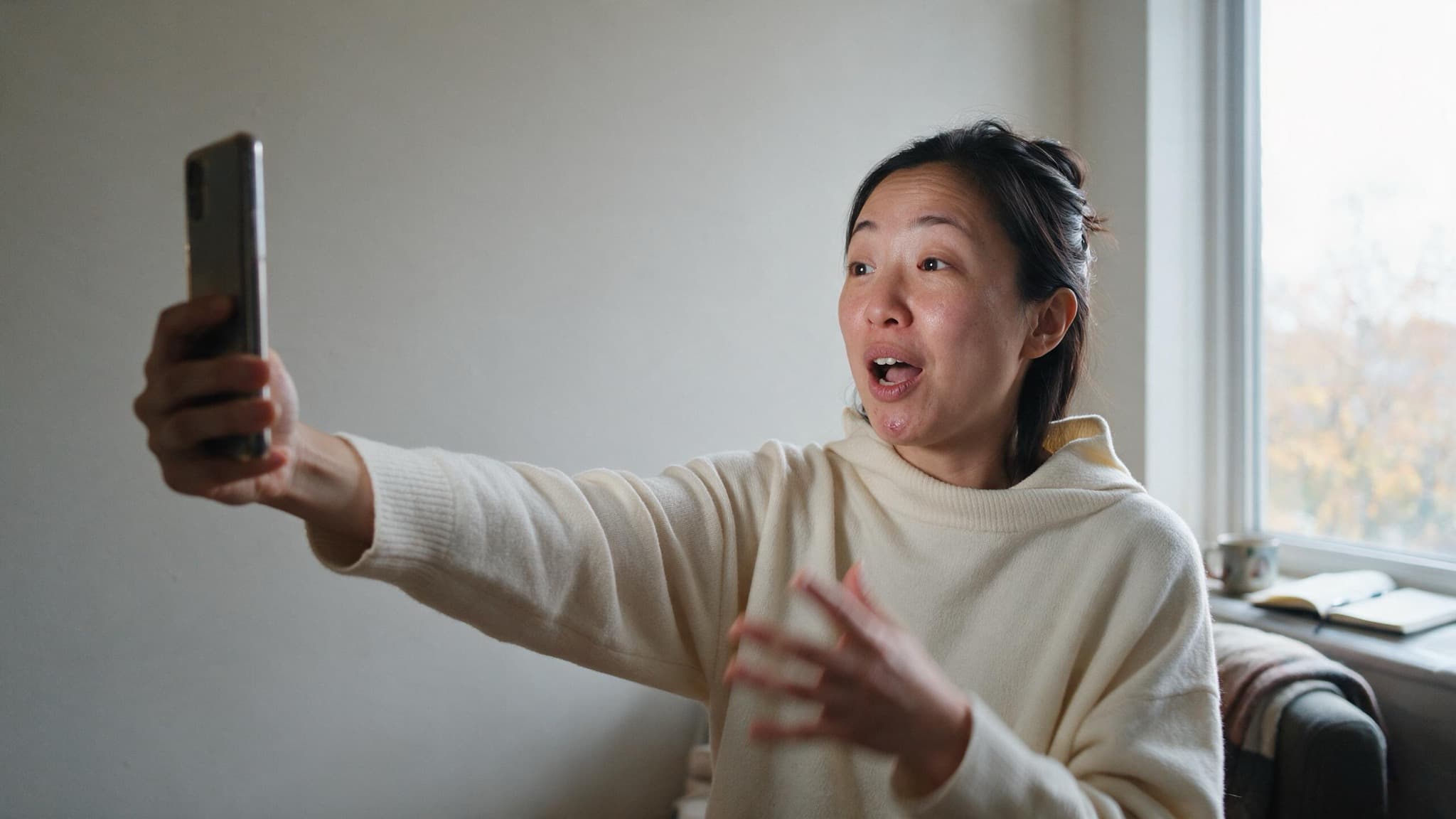 A woman in her thirties holding her phone at arm length by a bright window, mid-sentence, recording herself